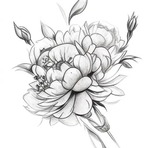 A Sketch-style Tattoo Of A Beautiful Bouquet Of Peonias With A Vintage Cinema Ticket Tucked In