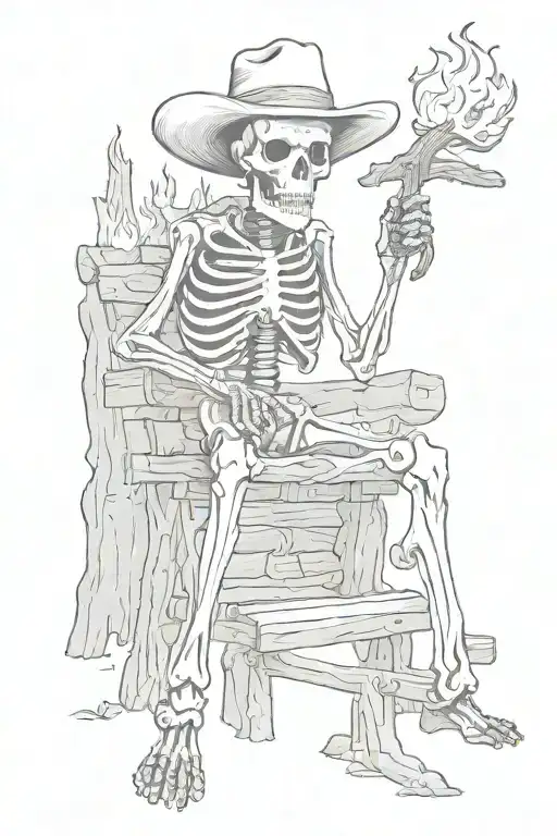 Cowbow Skeleton Sitting On Wooden Log In Front Of Campfire