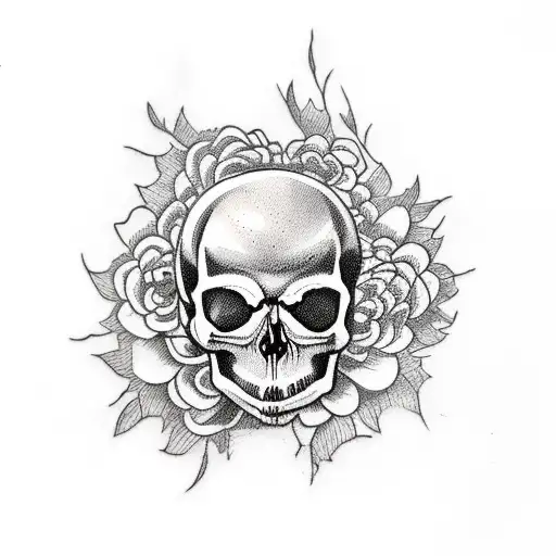 A Haunting Tattoo Of A Skull Surrounded By Delicate Flowers Symbolizing Love And Family