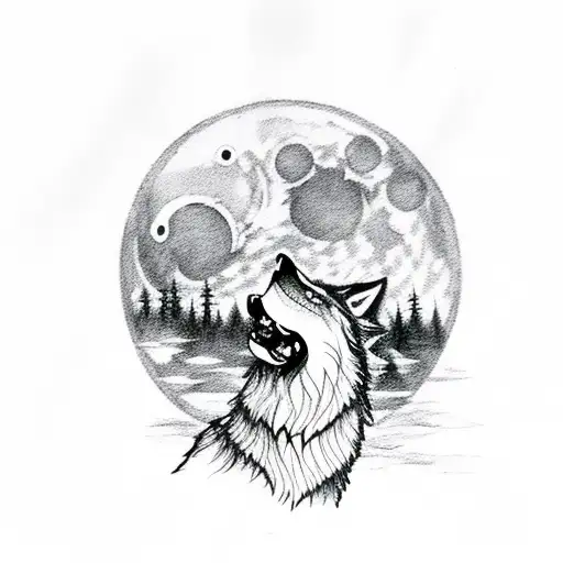 A Wolf Howling At The Moon Over A Tranquil Lake Nestled Among Trees