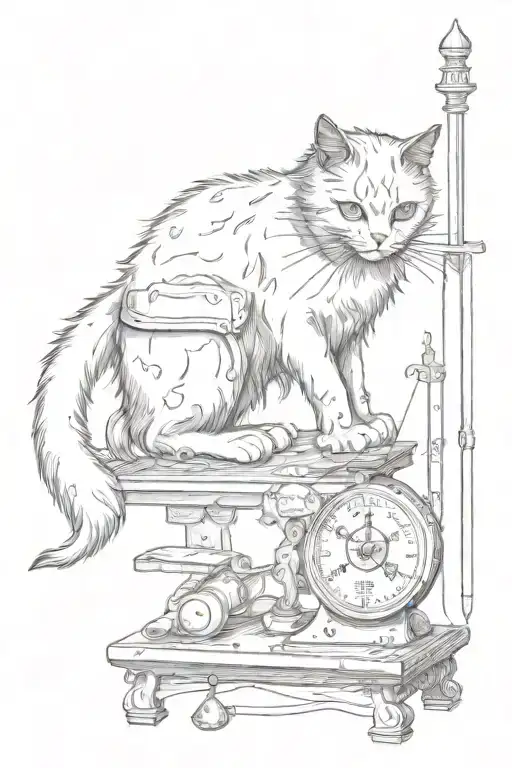 Black Bloody Horrible Fluffy Cat In Boots On Old Scales Pierces Bloody Heart With Sword