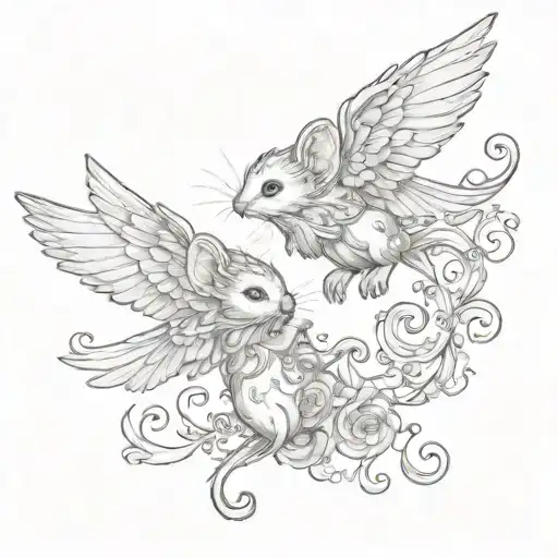 Tattoo Sketch Black And White Curly Mice Angels Flying