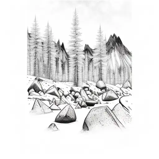 Black And White Forest With Boulders And Mountains Behind