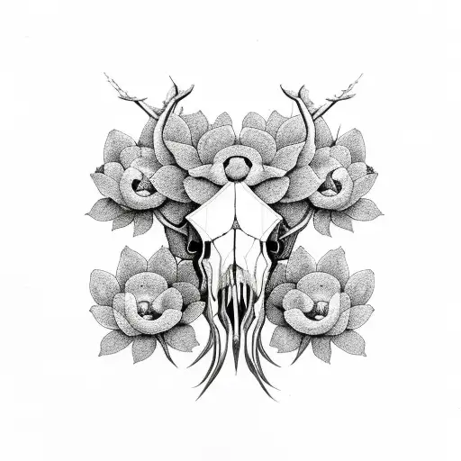 Symetrical Bison Skull With Magnolia Flowers Coming Out Of It