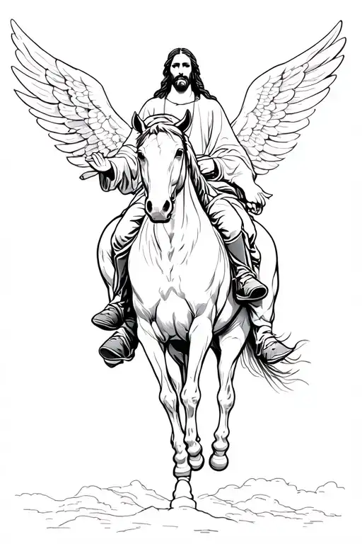 Jesus Riding A Horse With Wings Flying