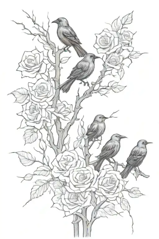 Barb Wire Wrapping With Rose Bushes And Crows Flying