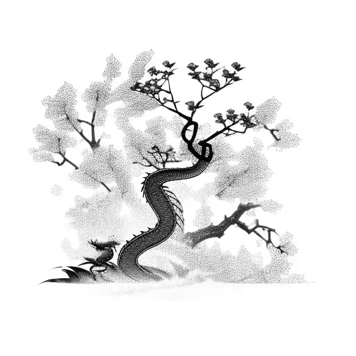 Dragon Silhouette With A Cherry Blossom Tree In The Background