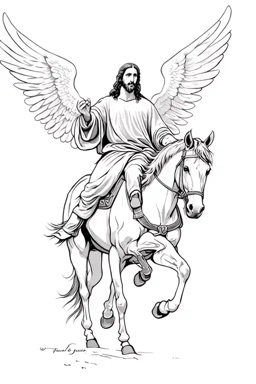 Jesus Riding A Horse With Wings In Black And Grey