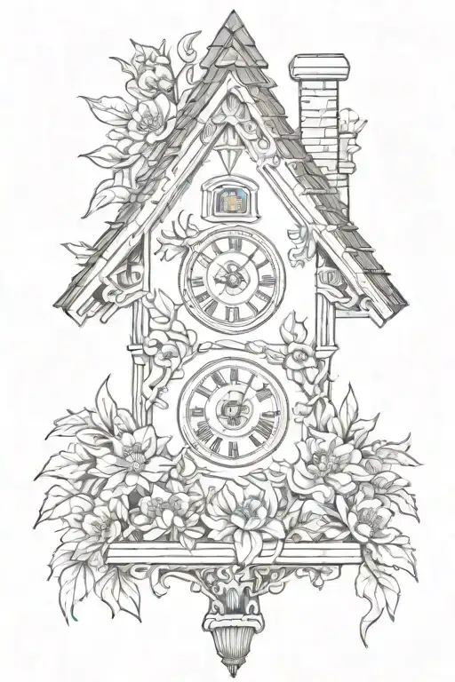 Cuckoo Clock German With Edelweiss Flowers Surrounding And A Chimney Roof