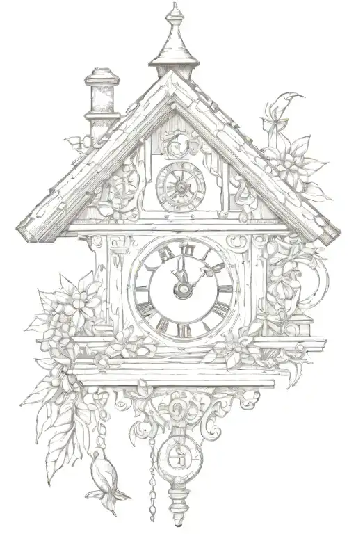 Bavarian Cuckoo Clock With Edelweiss Surrounding And Weights On The Bottom With A Chimney Roof