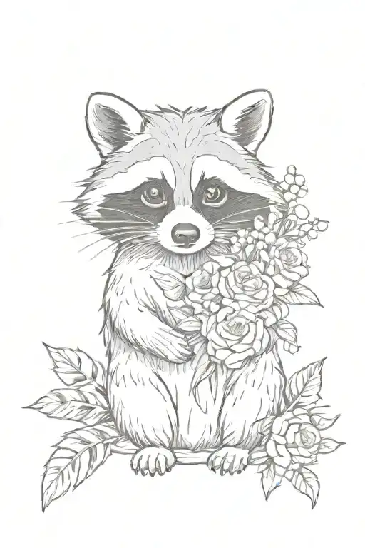 Racoon With Flower Bouquet Fine Line
