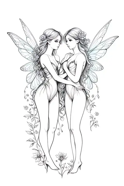 Two Fairies And Flowers Intertwined
