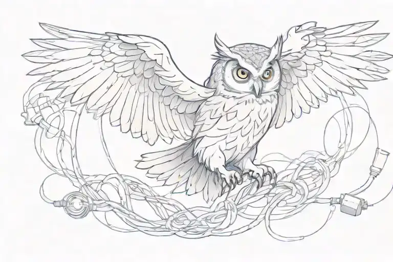 An Owl Flying Holding A Bunch Of Cables Intertwined