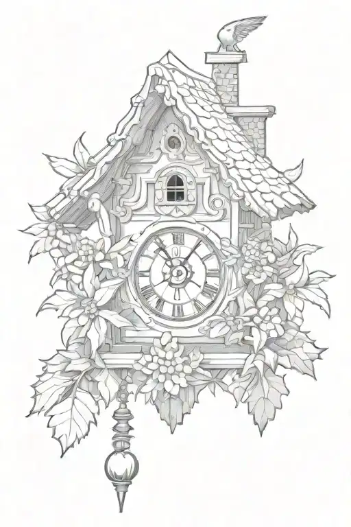 Cuckoo Clock German With Edelweiss Surrounding And Chimney Decorative Roof