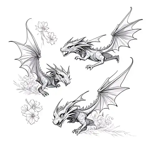 Three Tiny Separate Dragons Flying In Different Directions With Flowers Growing