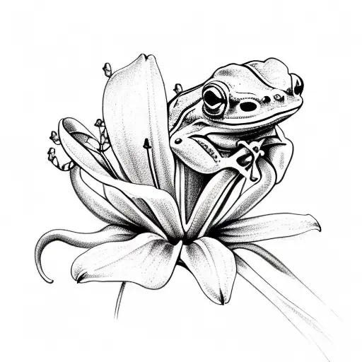 A Delicate Sketch Of Lilies Encircling A Frog Perched On A Skull
