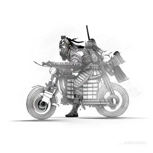A Samurai Warrior Riding A Motorcycle With Gears And Pistons As Wheels