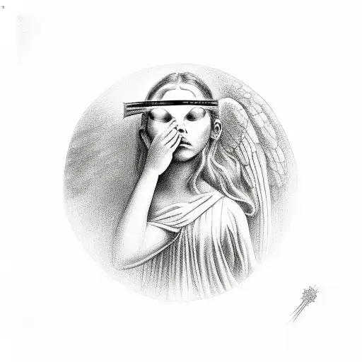 Angel Holding A Mirror Looking To The Side Blindfolded With An Halo