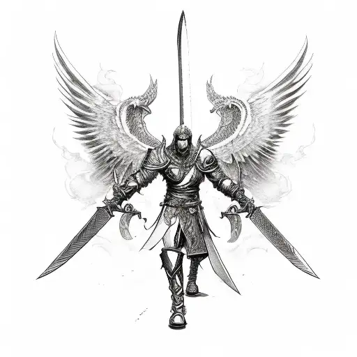 Arcangel Fighting Position With A Big Sword And Golden Wings