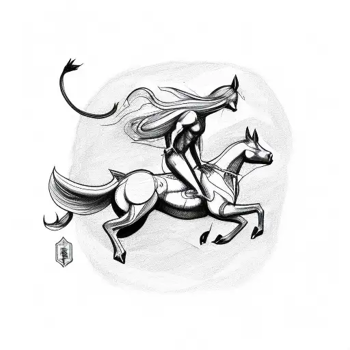 A Sketch-style Tattoo Of A Centaur Riding A Muscle Car Through A Forest