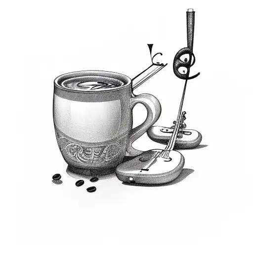 A Bookshelf With Coffee Mugs And Musical Instruments On The Shelves