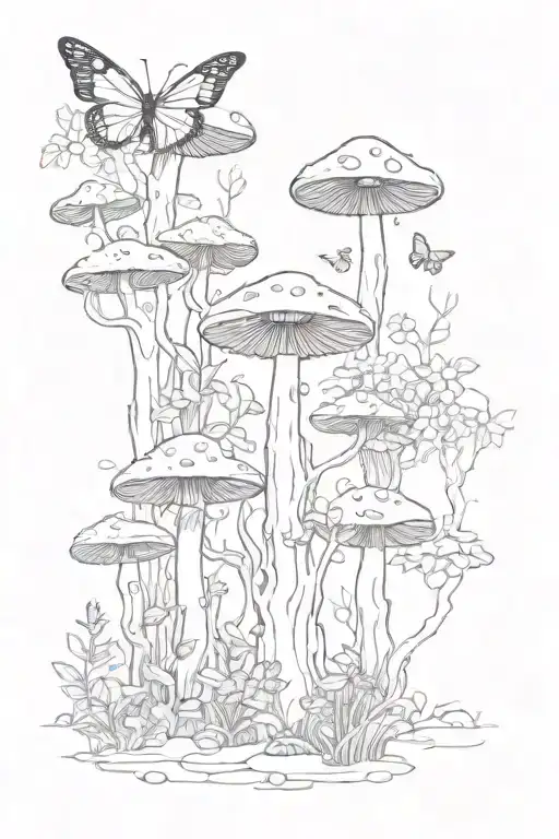 A Mystical Forest Scene With Hidden Mushrooms And Butterflies Peeking Through The Trees