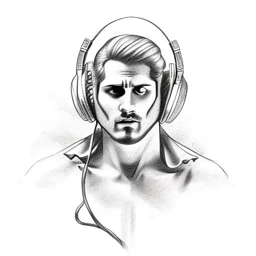 A Sketch-style Tattoo Of A Greek God Holding A Guitar And Wearing Headphones