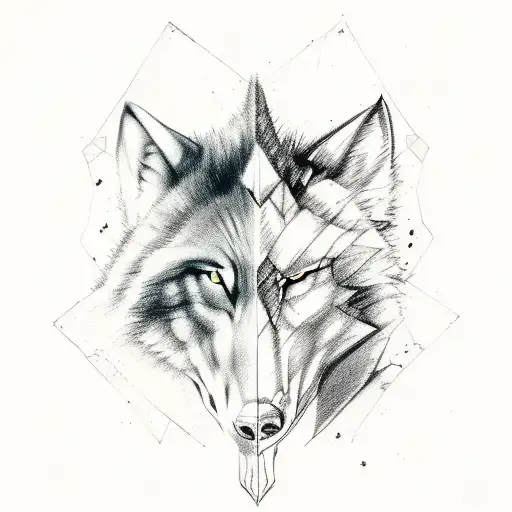 Half Wolf Skull And Half Demon Skull Facing Away From Each Other