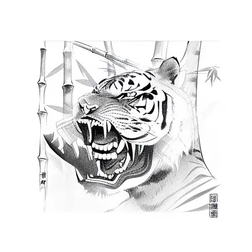 A Sketch-style Evil Samurai Battling A Tiger In A Bamboo Forest