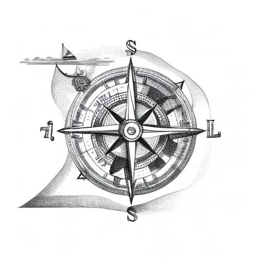 Sea Chart With Sailing Ship And Compass