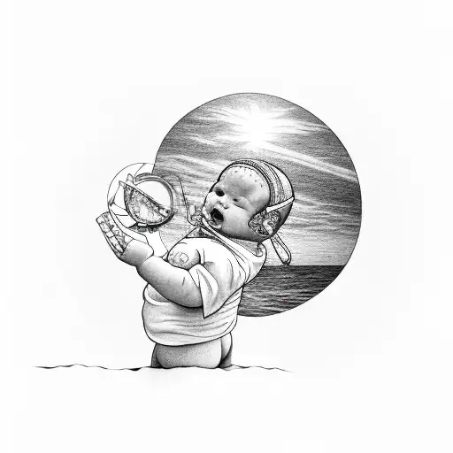 A Baby Holds A Watch That Drowning In The Sand And In The Watch There Is A Sunset