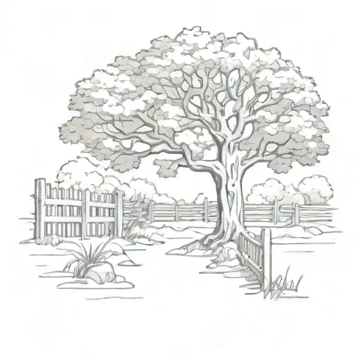 Oak Tree With Stream And Fence