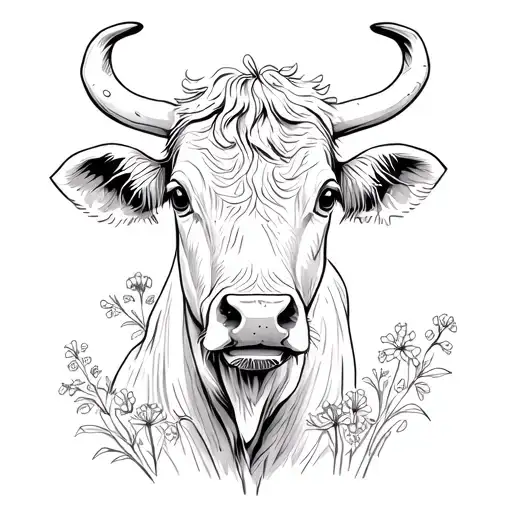 Hyland Cow With Forget Me Not Flowers