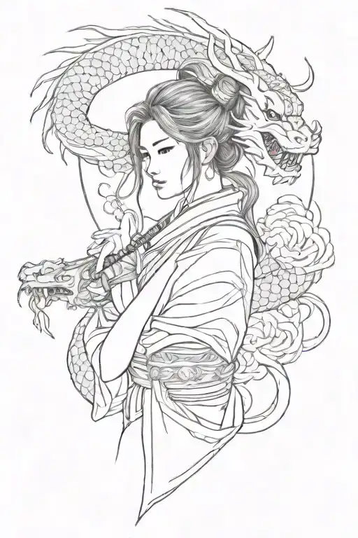 Beautiful Tattoo With A Samurai Girl And A Chinese Dragon On Her Arm