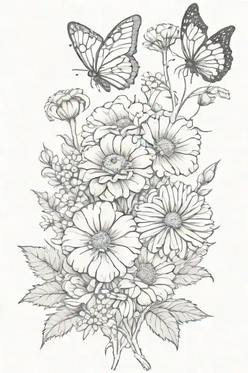 A Beautiful Bouquet Of Carnations And Daisies With A Delicate Butterfly Resting On Top