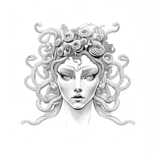 Medusa Head Linework With Flowers