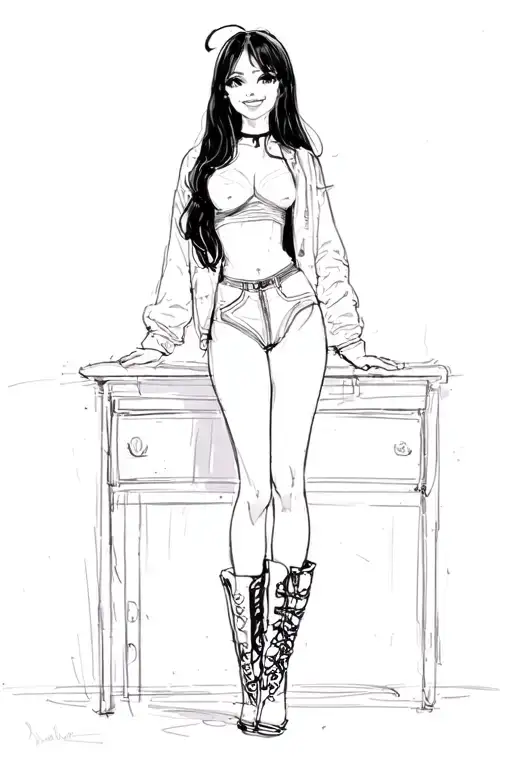 Girl Standing Up Crossed Leg Pin Up Doll Thigh High Boots Long Black Hair Cheeky Smile