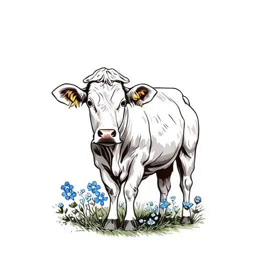 Hyland Cow With Forget Me Not Flowers