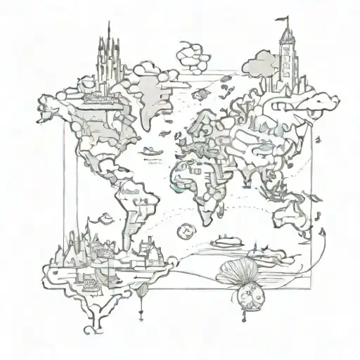 A Sketch Style Tattoo Of A Board Game Themed World Map With Disney Landmarks