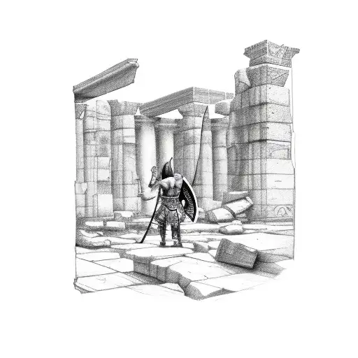 A Sketch-style Tattoo Of A Viking Warrior Discovering The Ruins Of An Ancient Egyptian Temple