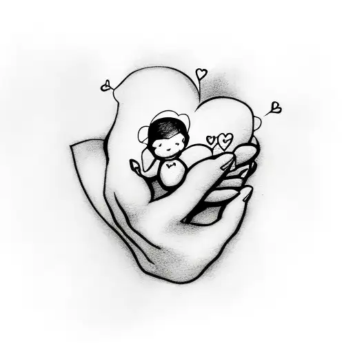 Mother Holding Baby Outline With Hearts And Flowers