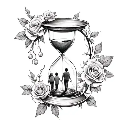 Hour Glass Tattoo With Roses Around It And Children Walking Inside It