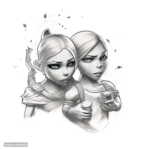 Tattoo Of The Client's Wife And Children Depicted As Characters From A Video Game