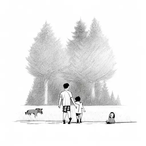Man Holding Hands With His Children Walking Towards The Woods Two Boys And Girl