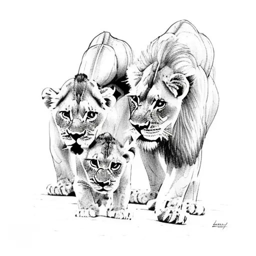 Daddy Lion With Two Lion Cubs