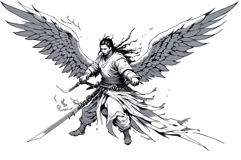 Samurai Warrior Slashing And Angel Falling Angel Wings