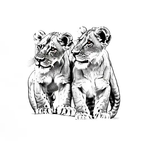 Two Lion Cubs With Daddy Lion