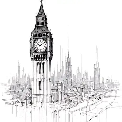 Clock Tower Merged With Futuristic Cyber Punk Cityscape