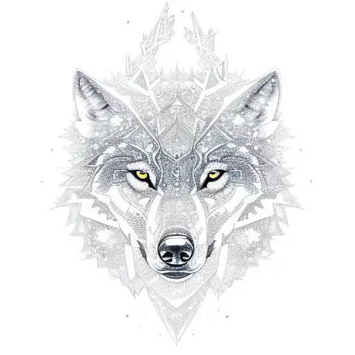 A Wolf And Snowflake Intertwined In An Intricate Sketch Design
