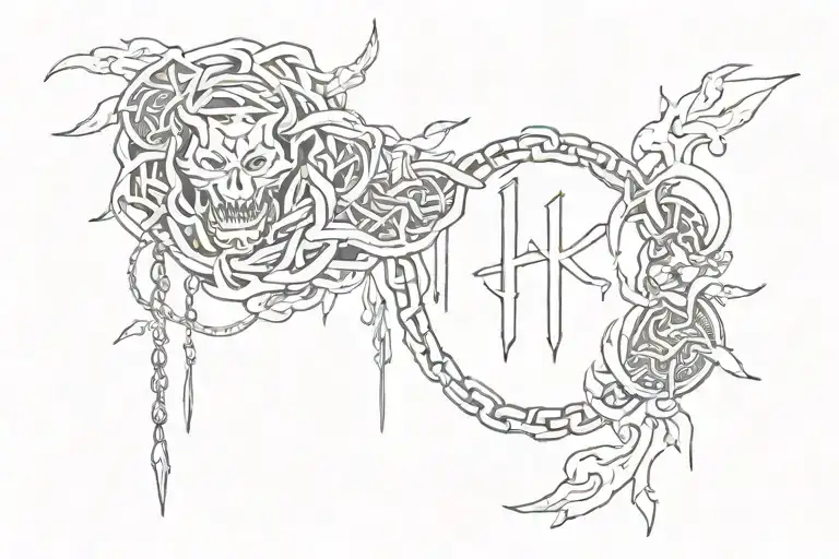 A Black Tattoo On The Forearm Of A Chain Of Runes And Japanese Mythology